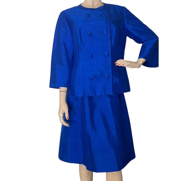 Vintage Custom Made Blue Raw Silk Jacket and Skirt Suit - Picture 1 of 17